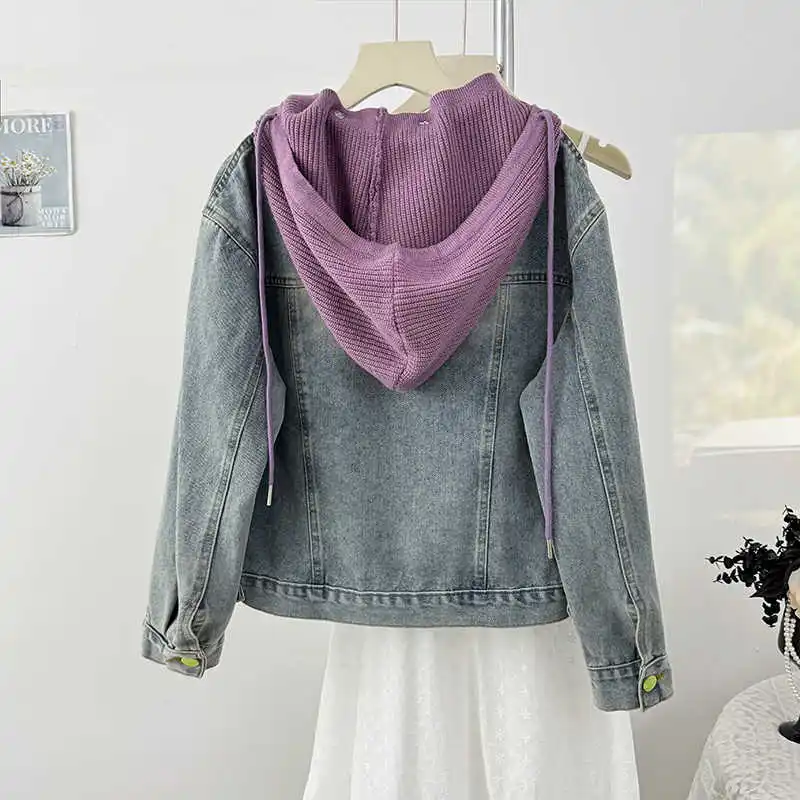

Женские джинсовые куртки с капюшоном, градиент цвета, вязаная шапка на шнурке, топ, корейская мода, однобортные свободные пальто с лацканами