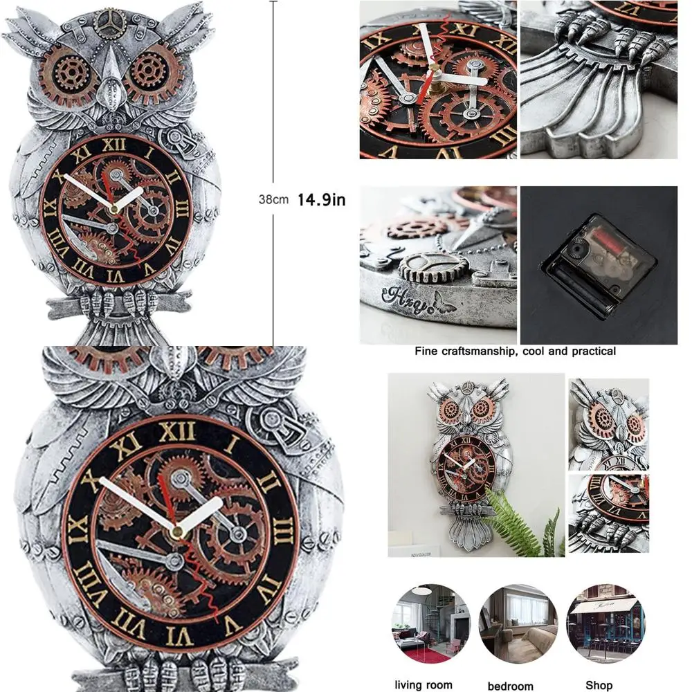 

Vintage Owl-Themed Steampunk Wall Clock - Handcrafted Resin Timepiece for Home Decor