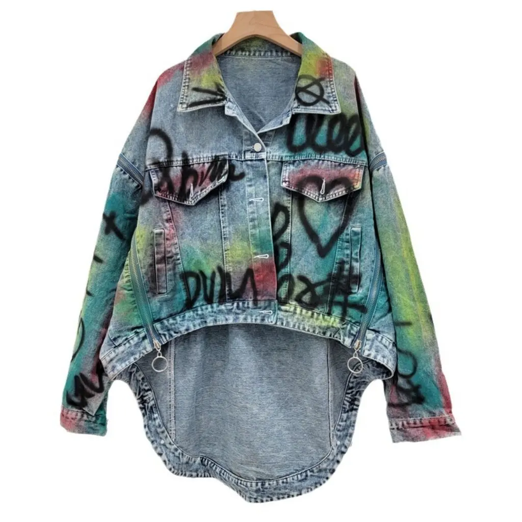 

Women's plus Size Loose Irregular Denim Jacket European Station Street Port Flavor Profile Front Short Back Long Graffiti
