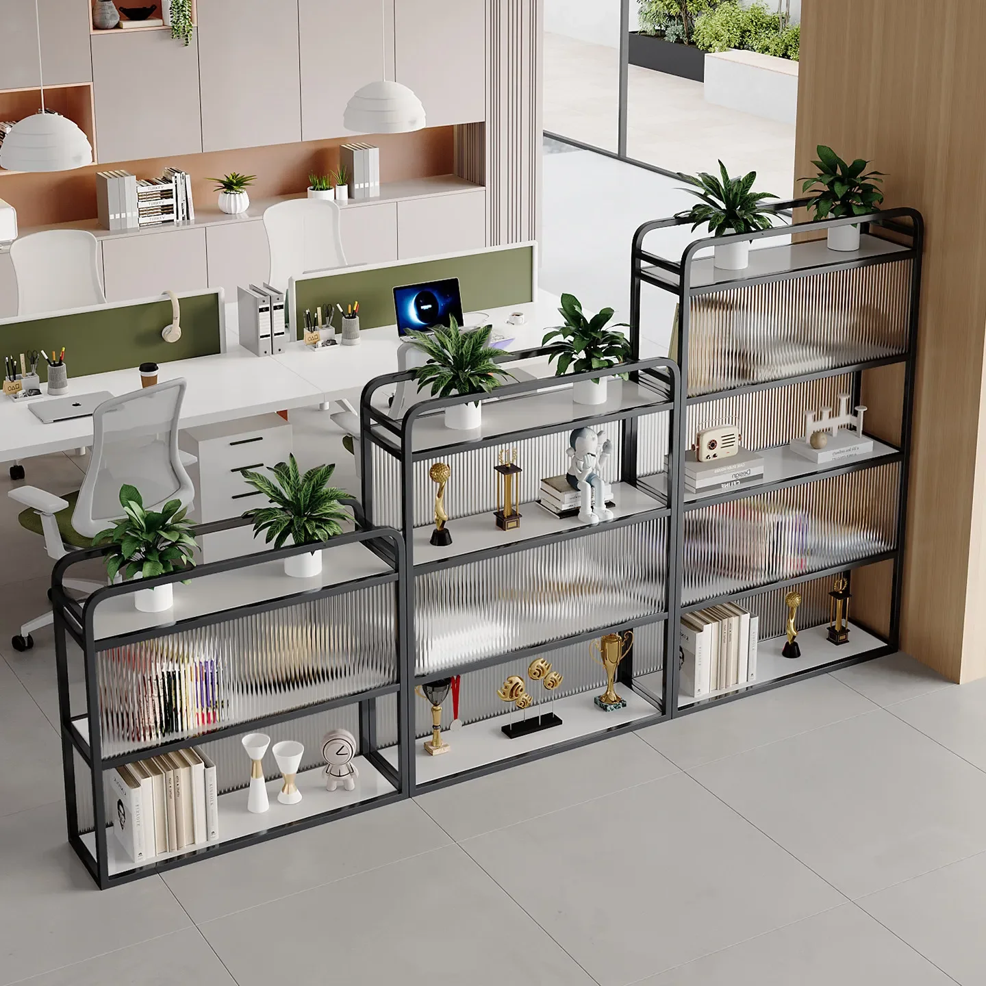 Office Glass Partition Cabinet Modern Simple Company Hotel Green Plant Flower Rack Shelf Workstation Double Sided File Cabinet