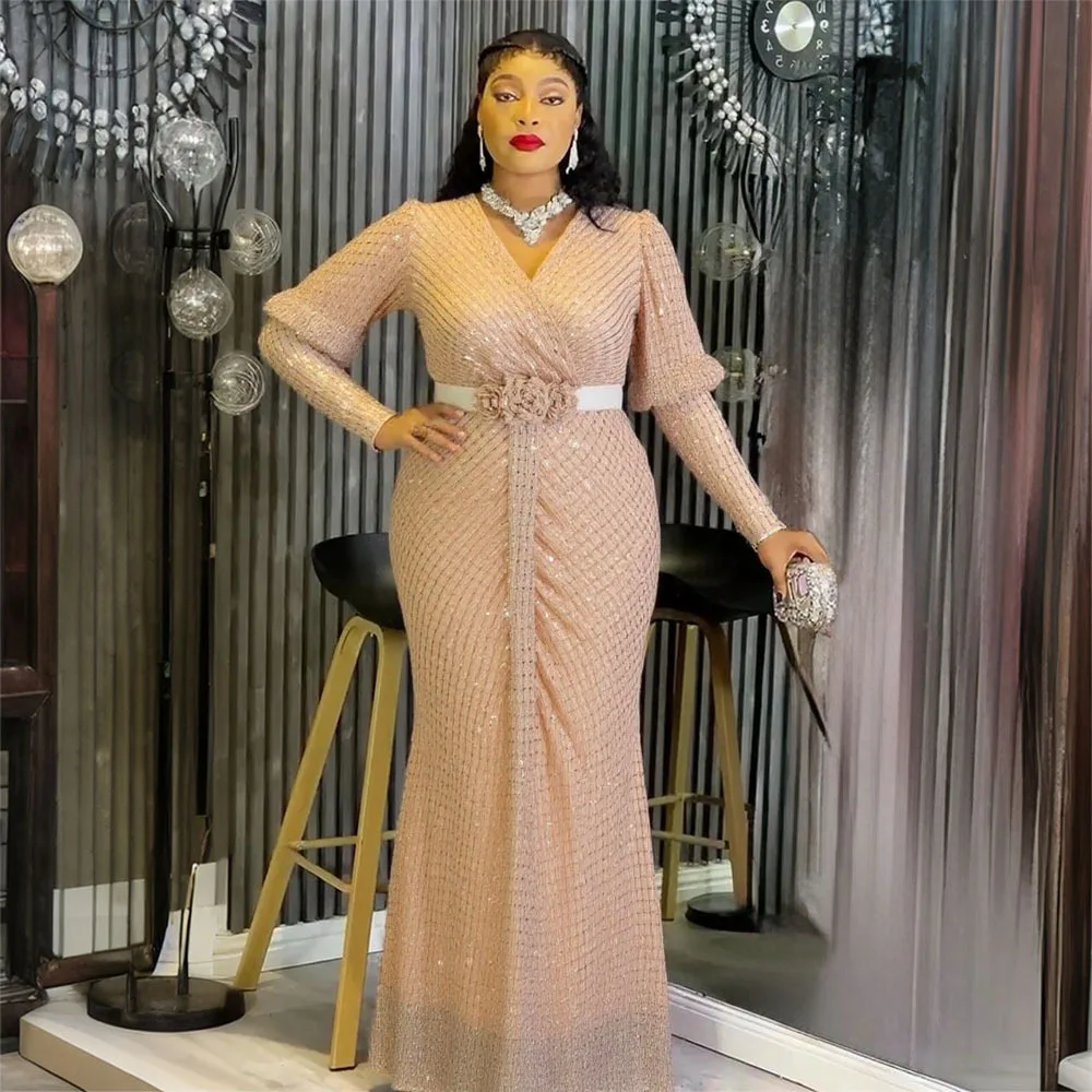 African Party Dresses for Woman Africa Clothing Plus Size Dashiki Sequin Pink Robe Elegant Turkey Muslim Wedding Evening Gown