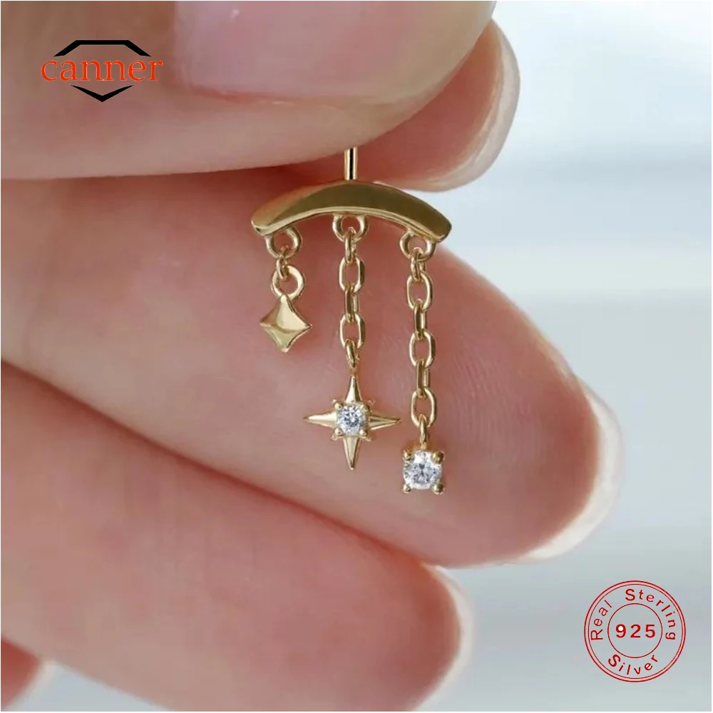 

CANNER 1PC 925 Sterling Silver Eight-pointed Star CZ Piercing Earring For Women Ins Tassel Chain Stud Earring Party Fine Jewelry