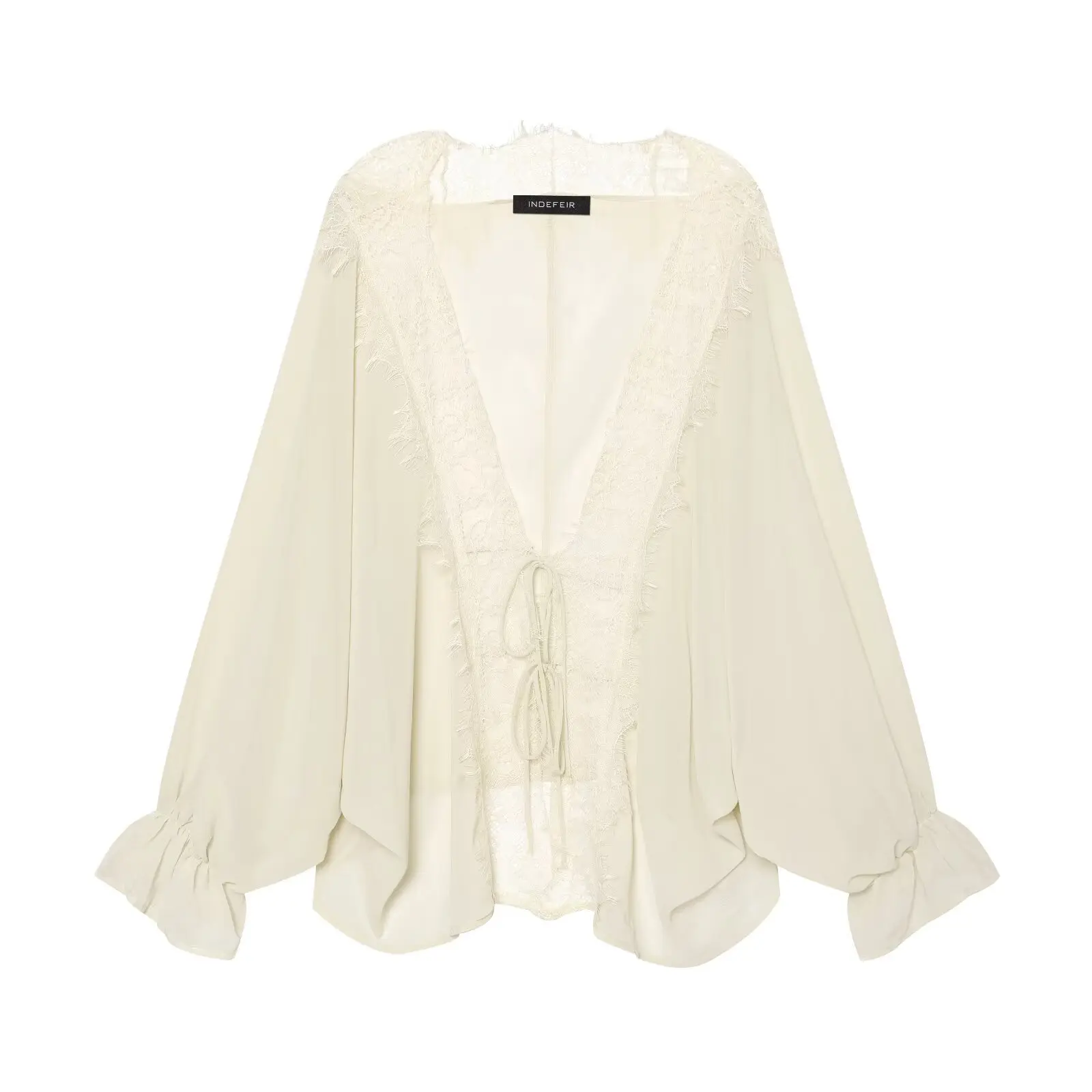 BSAY 2026 Vintage Damen Mode Transparente Bluse mit Spitzenbesatz V-Ausschnitt Vorderer Kordelzug Trompetenärmel Lässiges Strand-Sonnenschutz-Oberteil – Detail 11
