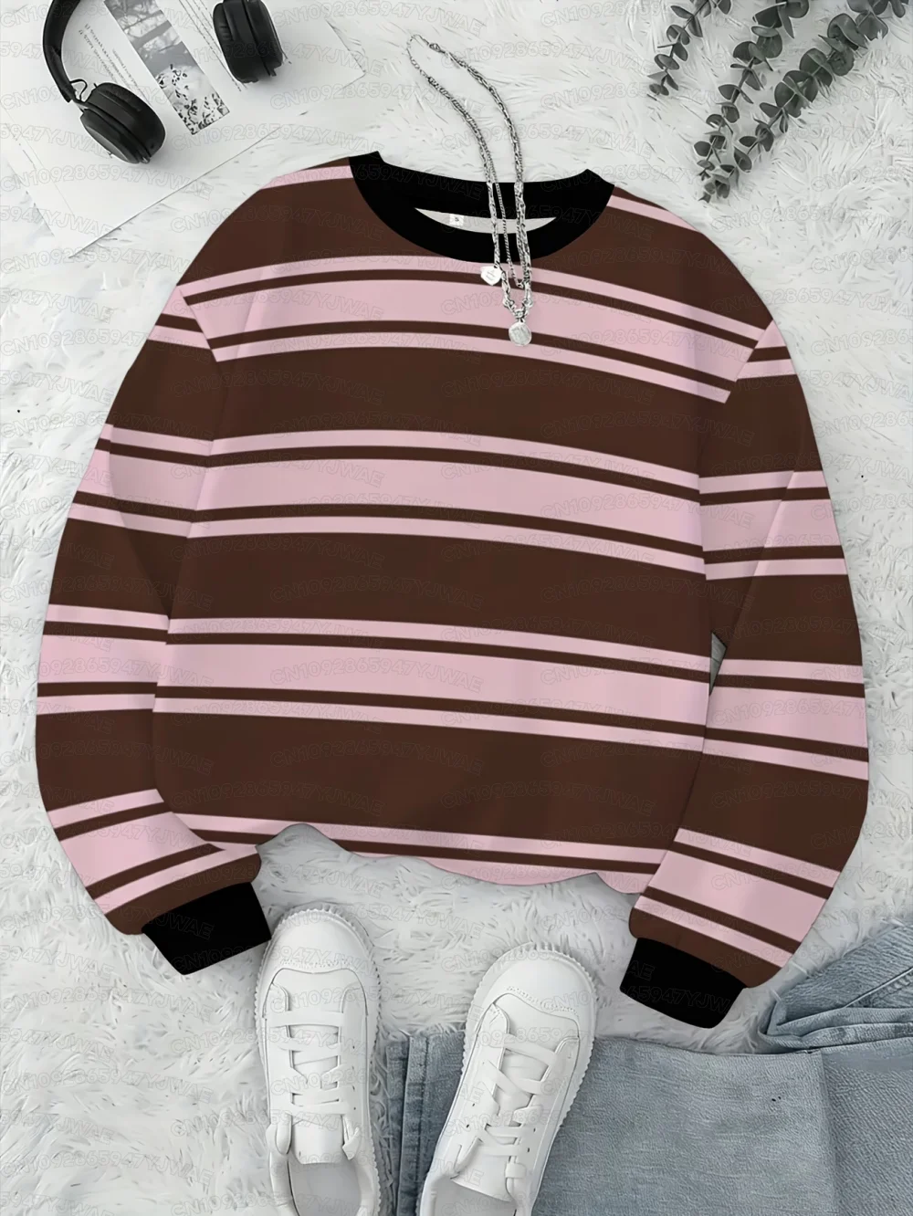 Damen-Freizeitpullover in Rosa und Grün mit Buntem Streifenmuster, Koreanischer Stil, Modische Herbst-Winter-Pullover – Detail 8