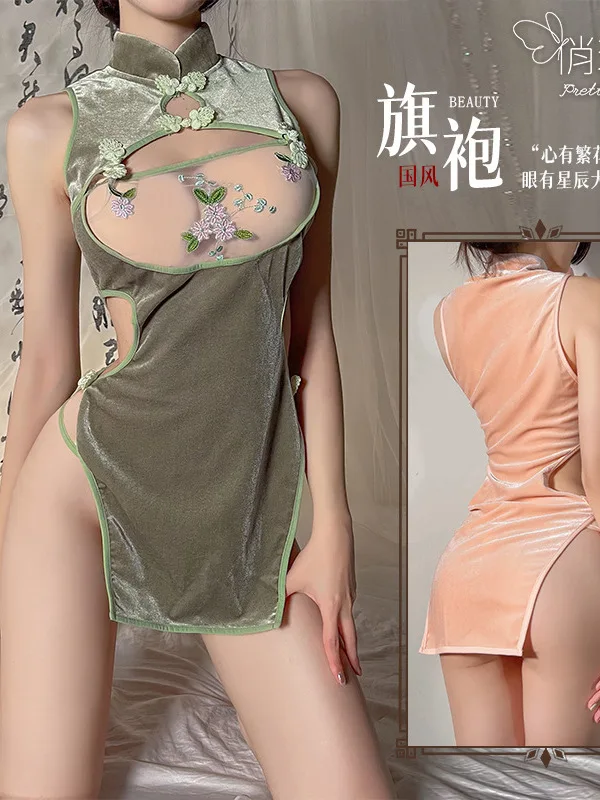 فستان صغير شبكي دانتيل مطرز بالزهور ملابس داخلية مثيرة شيونغسام منظور الصدر عالي الخصر سبليت فستان موحد أنيق 8XBU