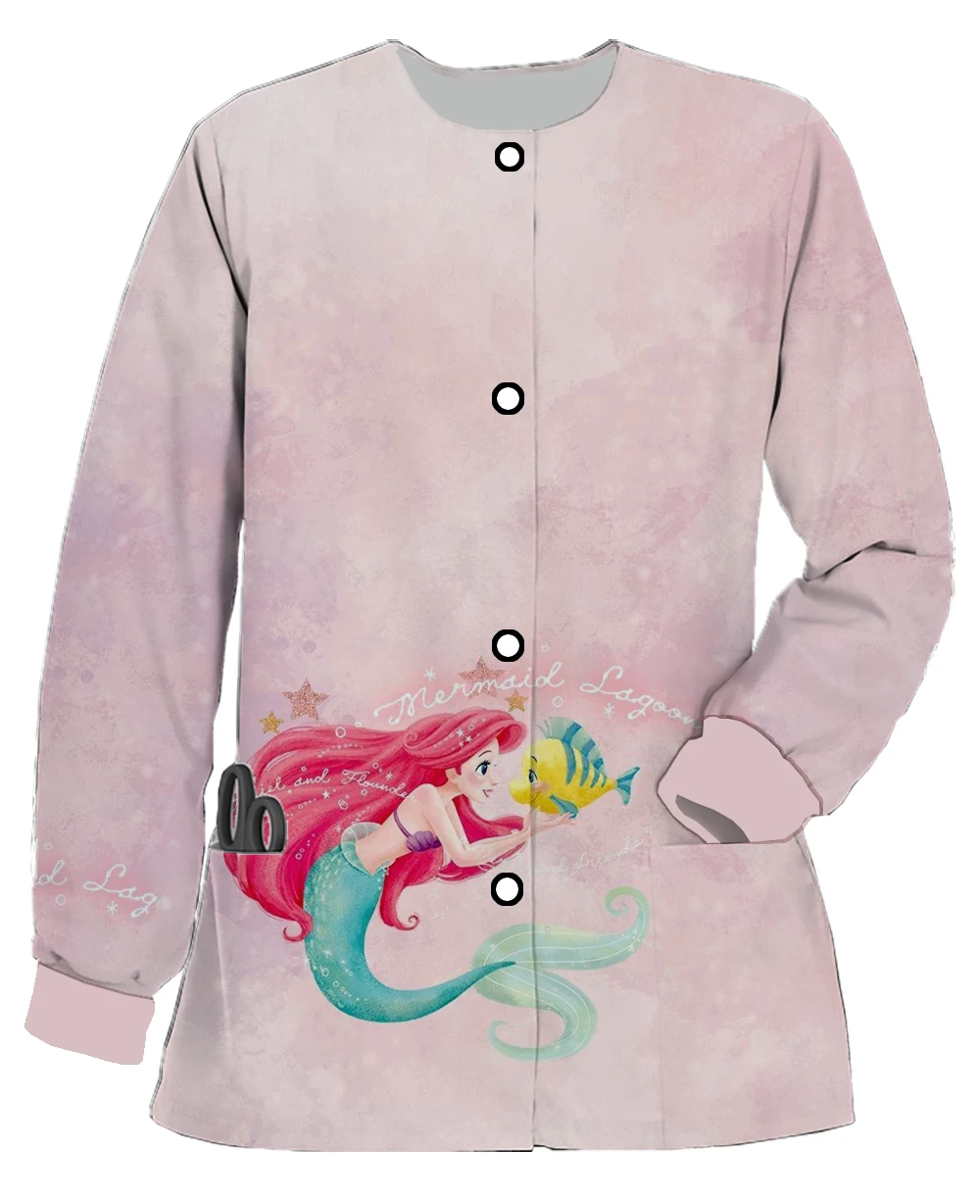 فستان نسائي جديد طويل الأكمام جراحي ديزني ارييل الأميرة حورية البحر طباعة جيب مزدوج سترة فضفاضة طبيب الأسنان ملابس العمل