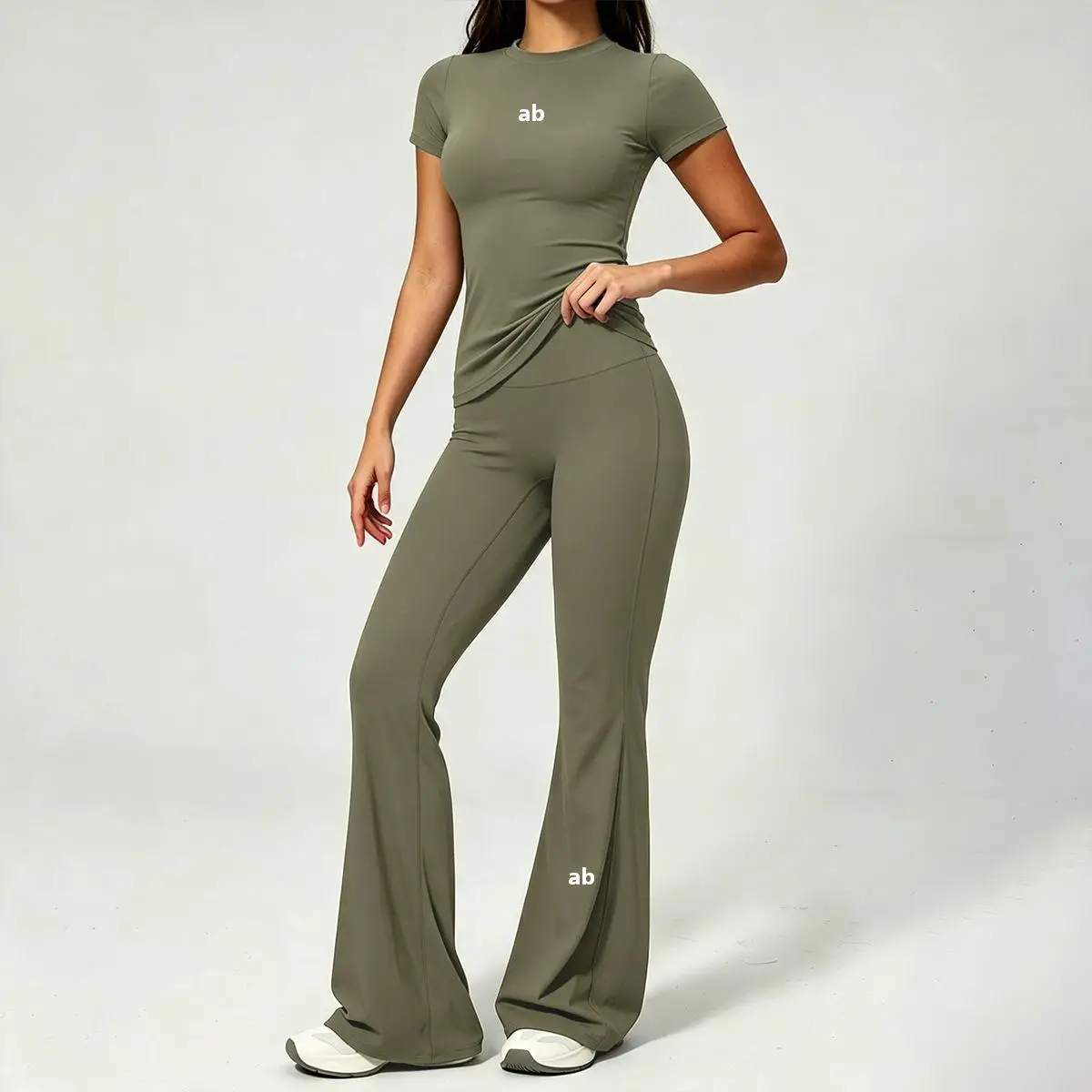 2026 New Style Yoga Set - Women's Fitted Short-Sleeved Quick-Drying High-Waist Flared Flannel Pants Fitness Set
