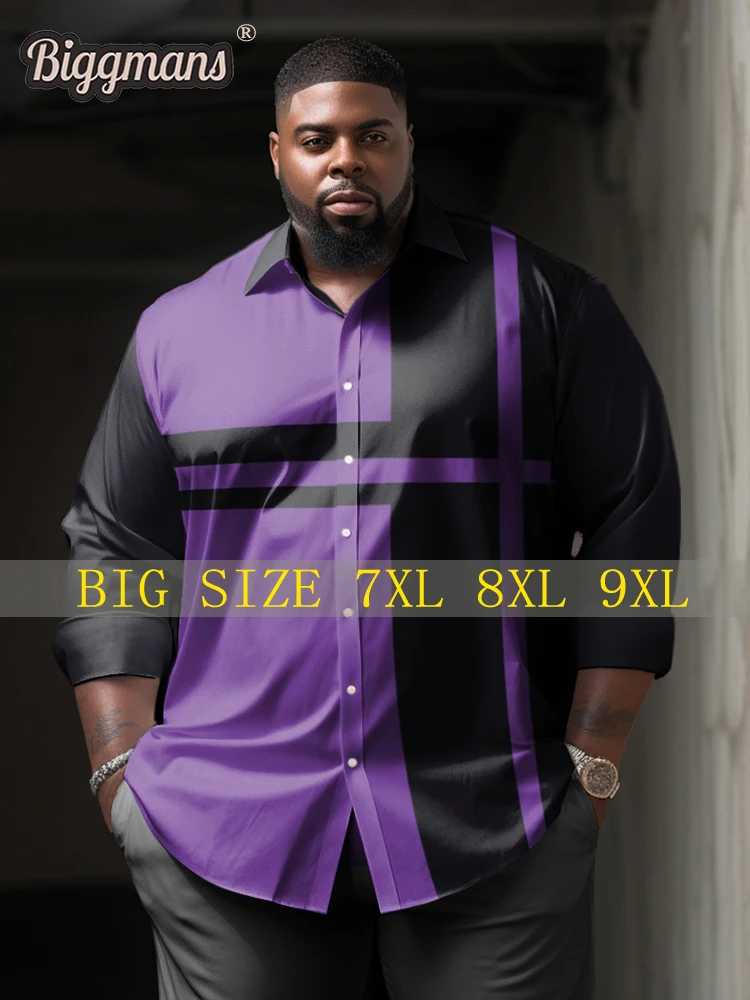 

Biggmans Business Purple Shirt Top For Big And Tall Suit Summer Men's Clothing Long sleeve Black Leisure Man Plus Size 9XL