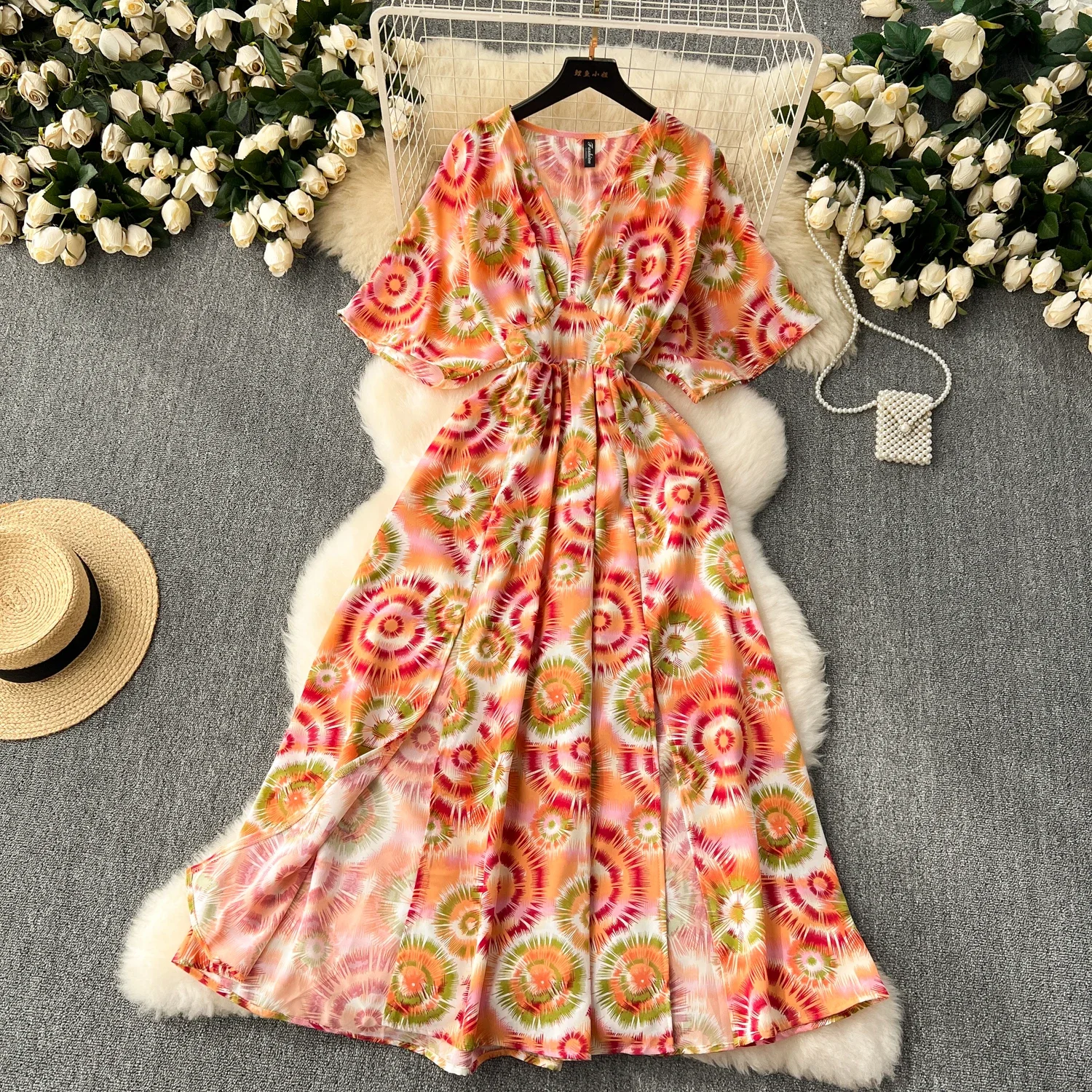 Nuova estate profondo scollo a V romantico stampa floreale abito da donna elegante manica corta divisa abiti da festa vacanza abito da donna