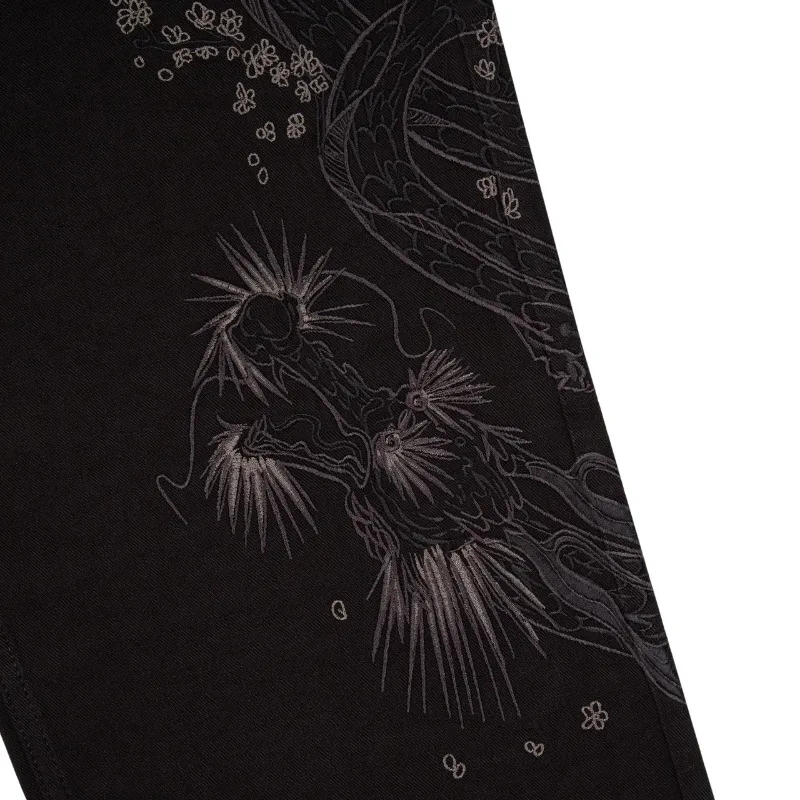 Derschutze série yakuza jeans preto y2k retro lavado calças de perna larga moda impressa couro gótico baggy baixo unisex jeans