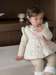 2025 Winter New Baby Girls Cute Sweet Floral Vest Plus Velvet Thick Infant Toddler Warm Sleeveless Coat Girls Padded Jacket