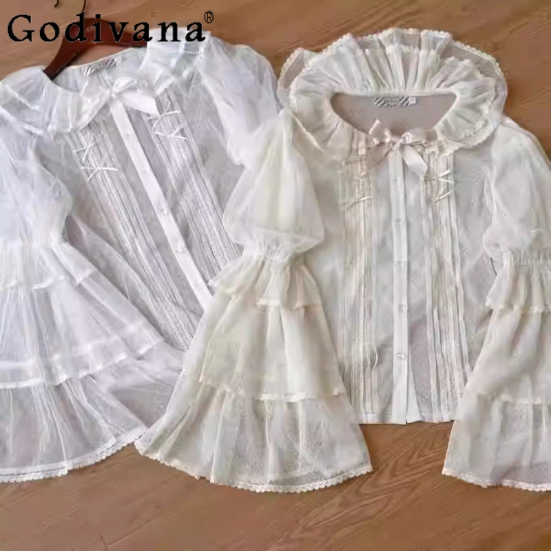 

Sweet Gauze Lolita Cute Versatile Long Flare Sleeve Bottoming Shirt Girl Spring Summer New Age-reducing Fashion Bow Loose Top
