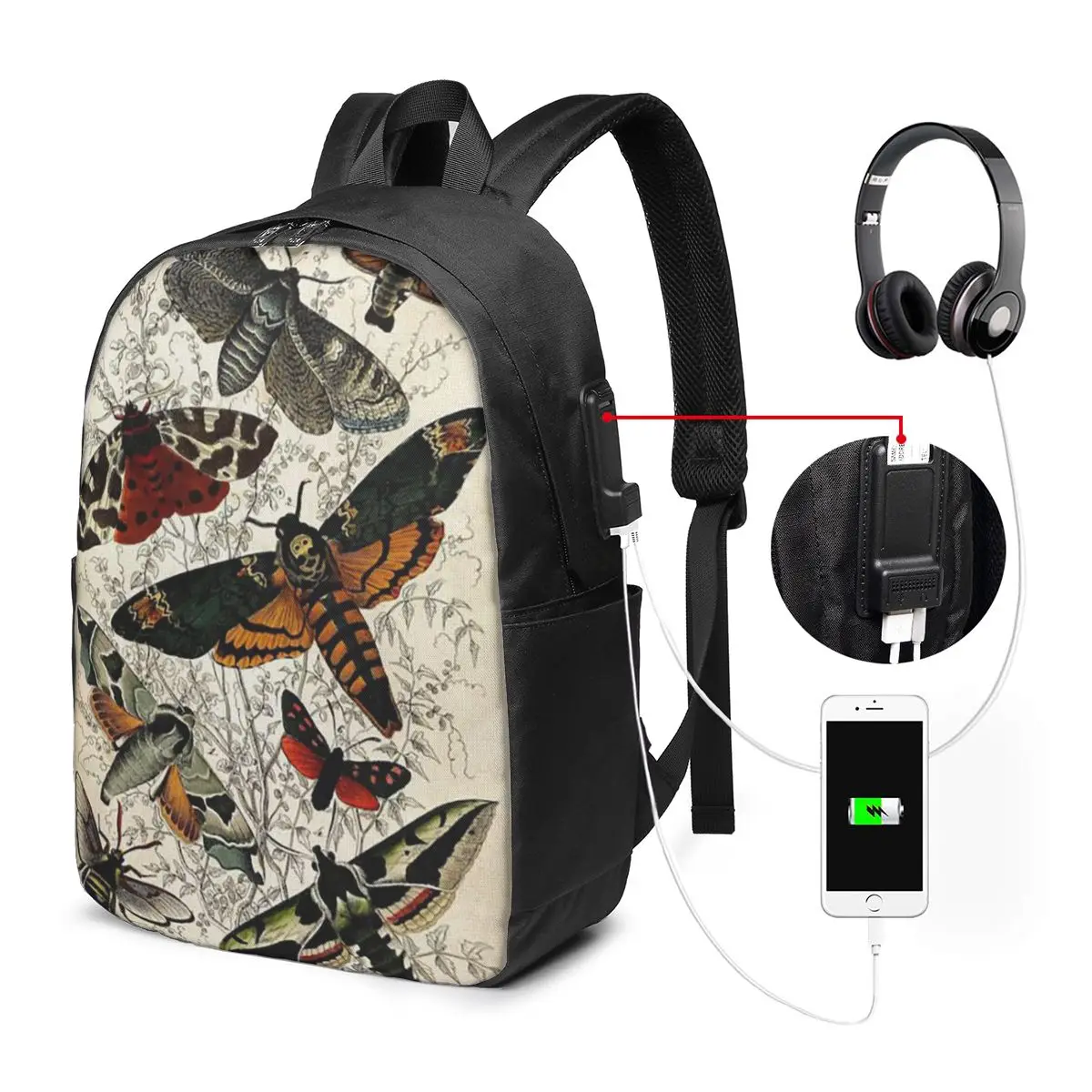 Victorian Moth Insects Vintage Pattern Backpack Travel Notebook Bag Computer College Student School Bag Laptop Shoulder Bags