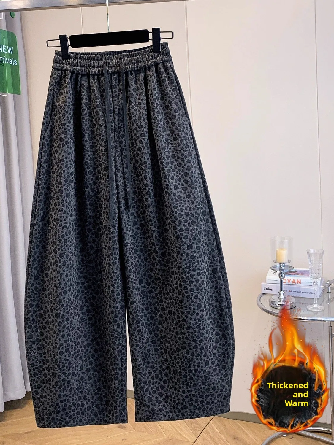 

Retro Leopard Print Belted Wide Leg Woolen Knife Pants Thick Casual Trousers High Waist Slimming Long Pants plus Size Women's