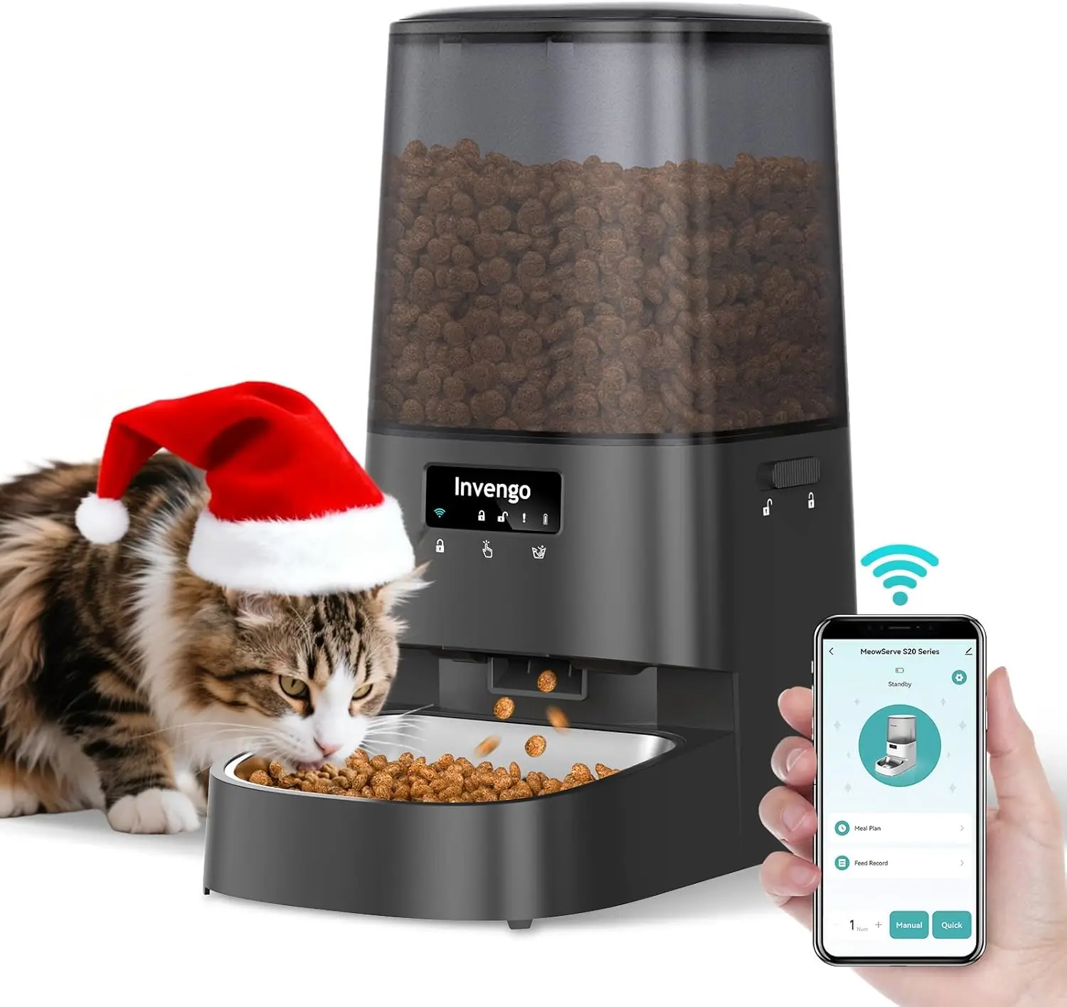 

Automatic Cat Feeder with App Control, 5L Food Dispenser for Cats and Small Dogs, Wi-Fi, Dual Power, Programmable Portions