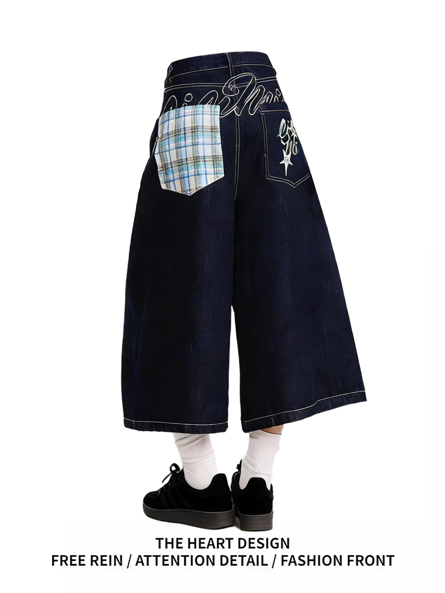 

Retro American Plaid ket Denim orts Women Summer New Heavy Embroidery Wide Leg Slimming Seven-Foot Jeans Casual High Waist