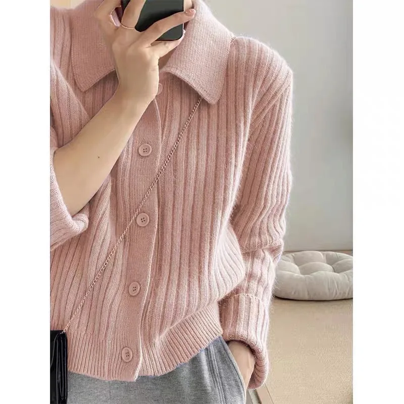 

Cardigan Polo Collar Long Sleeve Loose Fit Warm Vintage Sweater Women Slight Strech Knit Fall and Winter Style Tops