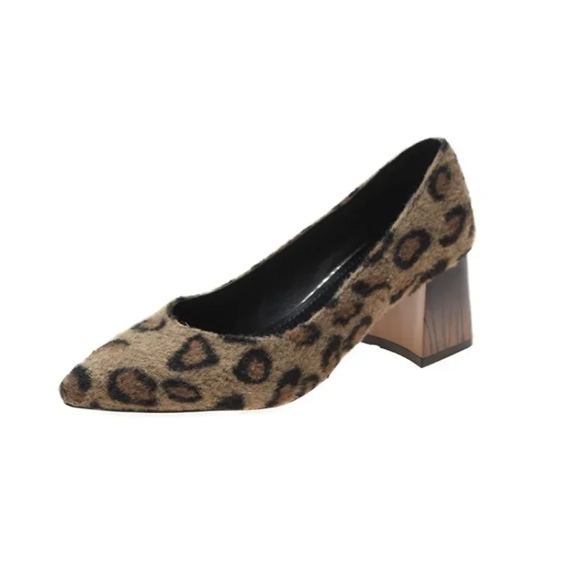 Leopardo peludo pelúcia apontou deslizamento no punk salto alto sexy surfista nu punk sapatos femininos inverno moda casual sapatos de salto alto