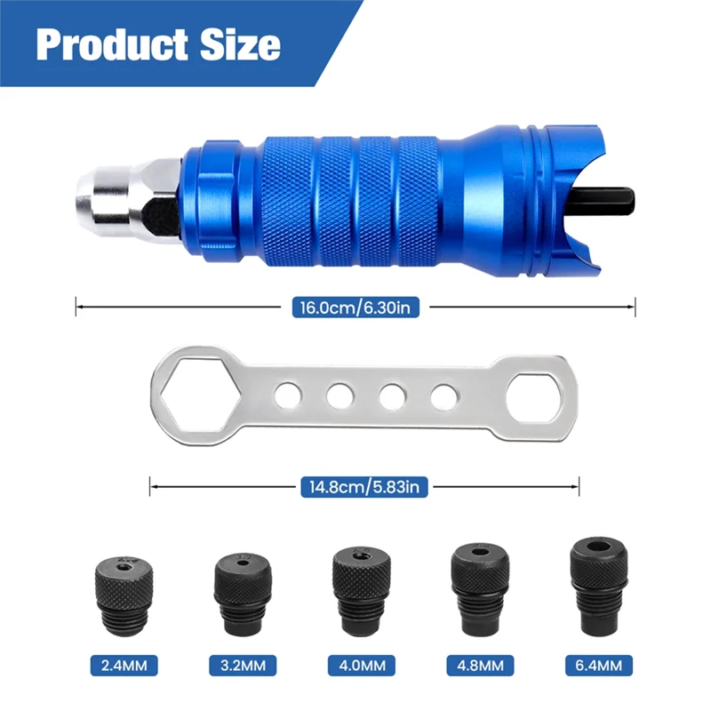 AAAN-Hex Shank Bicos 3/32 "1/8" 5/32 "1/4" Conjunto de ferramentas de arma de rebite elétrica sem fio Azul Kit de fixação de liga de alumínio DIY
