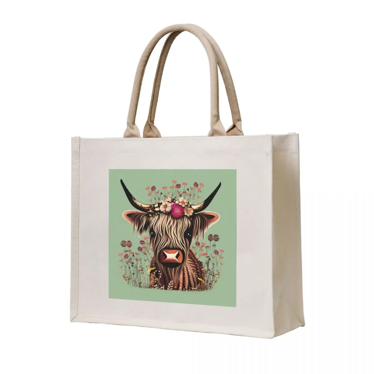 

Scottish Highland Cow, with wild flowers Tote Bag hand bag Cloth bags Big bag