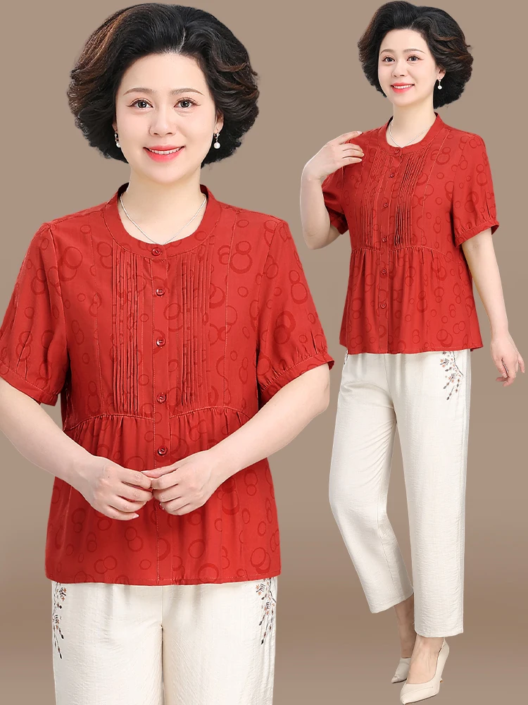 

Повседневный летний комплект из хлопка и льна: топ с коротким рукавом и брюки для женщин среднего возраста, модный комплект из девяти предметов