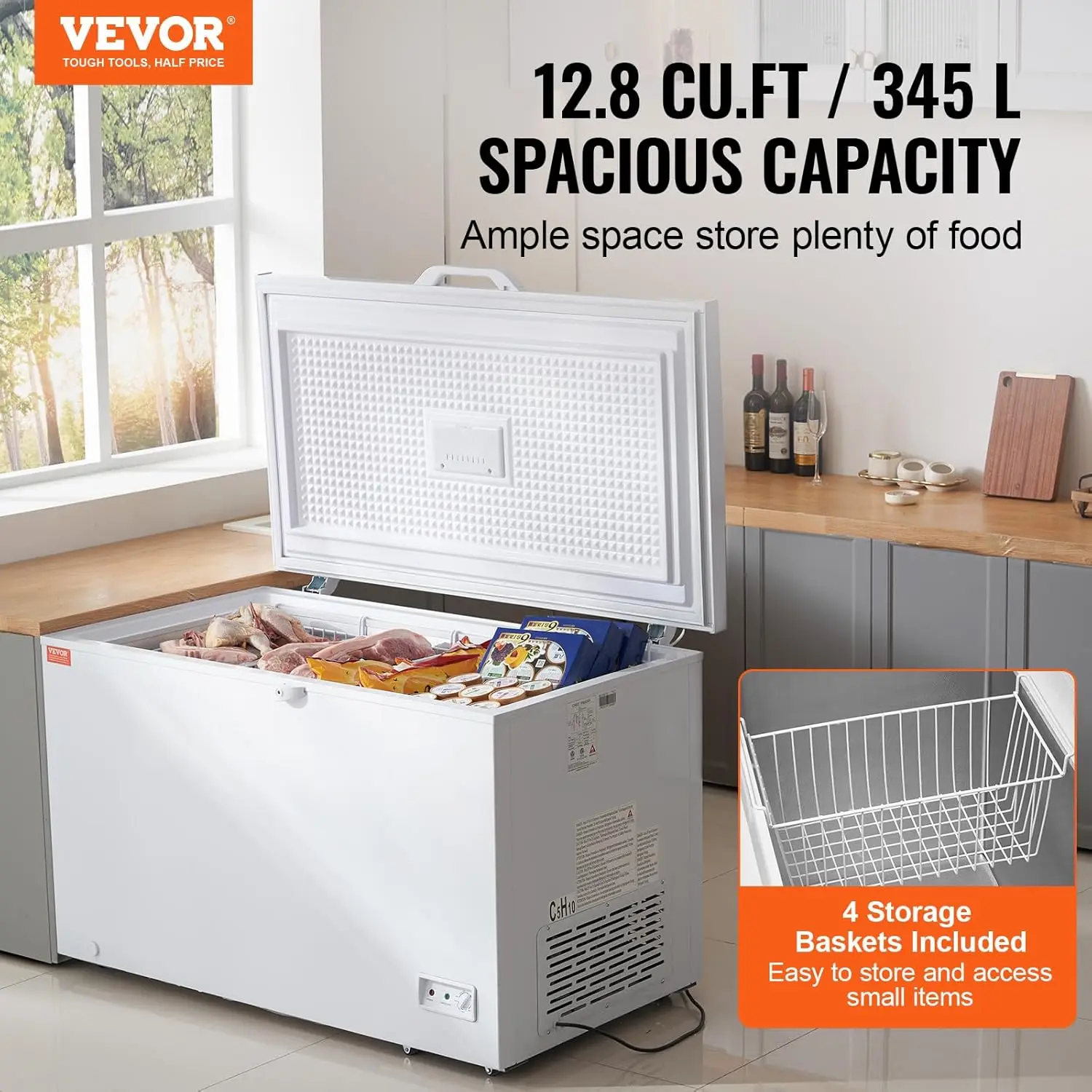12.8 Cu.ft / 345 L Large Deep Freezer & 4 Removable Baskets, W/ Locking Lid, 7-Level Adjustable Temp, LED Lighting, 6 Wheels