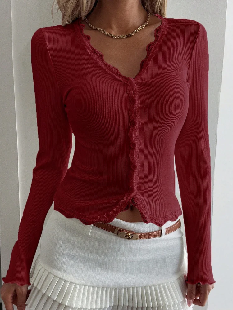 Kricesseen Elegant White Lace Trim V-Neck Ribbed Knit Top Y2K Women Slim Fit Long Sleeve Button Up Cardigan Blouse Streetwear