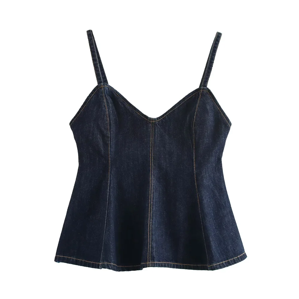 

Taop&Za Women's Wave style Wide Swing V-neck Thin Strap Spring/Summer New Collection Color Contrasting Threaded Cowboy Tank Top