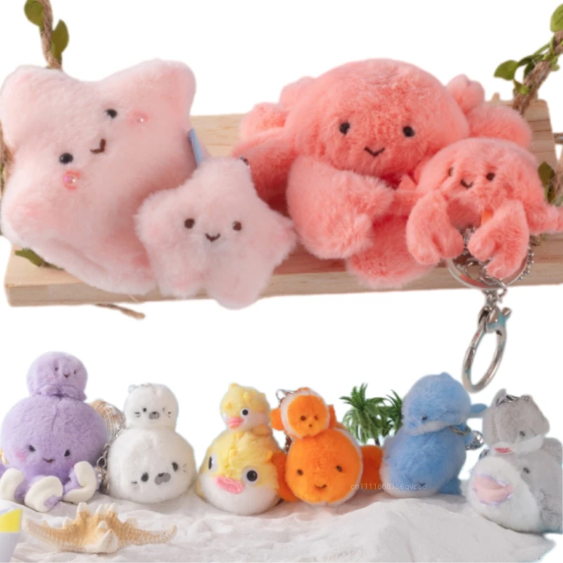 Kawaii Mom Baby Animal Plush Doll Pendant Cute Octopus Starfish Clownfish Dolphin Killer Whale Turtle Shark Seal Keychain Decor