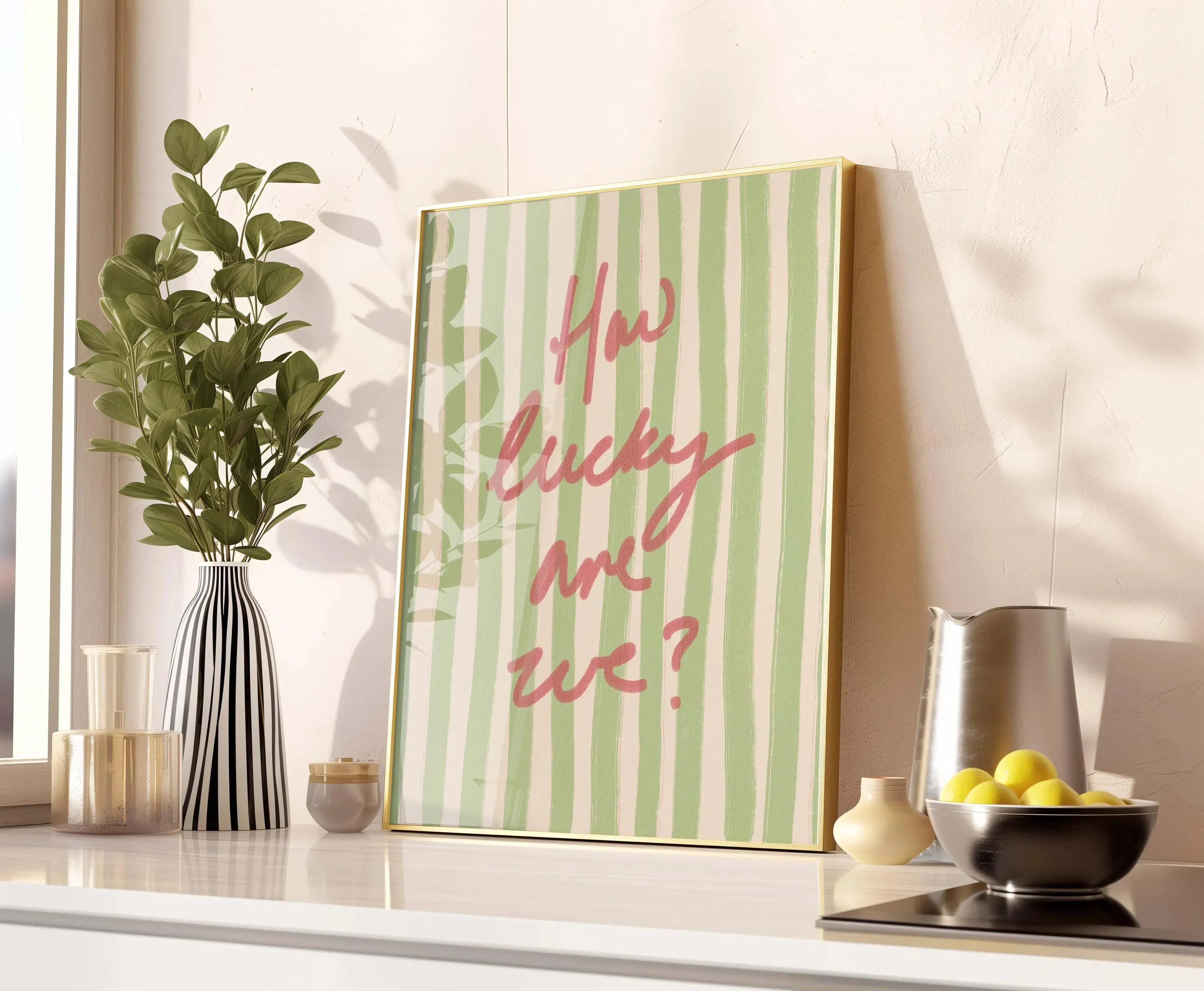 How Lucky We Are Print Pink Red Stripe Canvas Poster Positive Quotes Wall Art Prints for Modern Living Room Aesthetic Home Decor