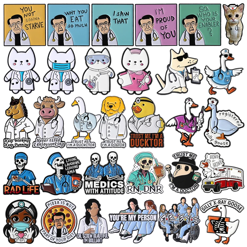 Cartoon Medical Enamel Pins Trust Me I'm A Doctor Brooches Cute Dog Cat Crow Duck Skull Animals Nurse Lapel Badges Jewelry Gifts