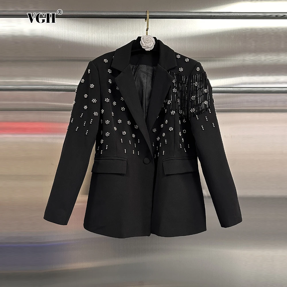 

VGH шикарные бальзеры с бисером для женщин с зубчатым воротником и длинными рукавами в стиле пэчворк с кисточками, роскошные формальные однотонные пальто, женская одежда