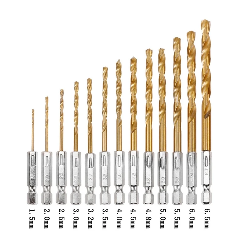 13 pz 1/4 codolo esagonale 1.5-6.5mm manico esagonale Twist DrillHSS Set di punte da trapano in acciaio ad alta velocità con rivestimento in titanio