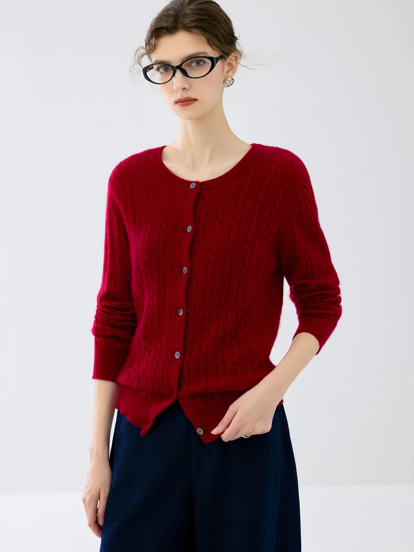 Soft Autumn Winter Women 100% Cashmere Sweater Wool Cardigan Cable‑Knit Knitwear Warm Tops Long Sleeve Round‑Neck Casual Clothes