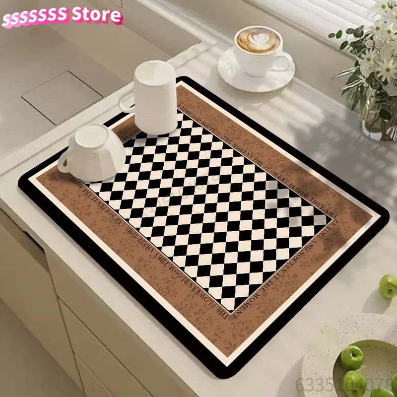 Dish Drying Mat, European Vintage Drainage Mat, Black and White Checkered Drain Mat, Coffee Machine Mat, Kitchen Tabletop Access