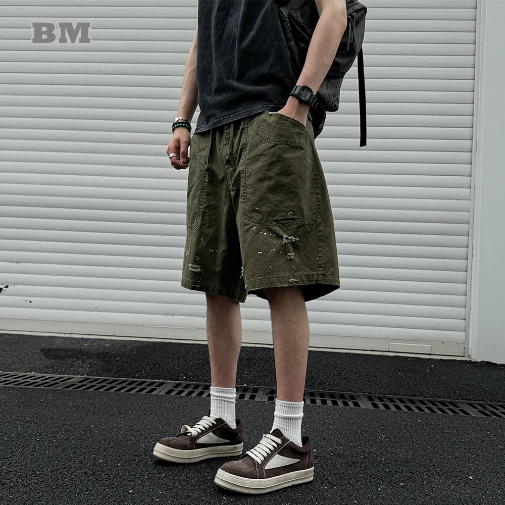 Japanese Vintage 100% Cotton Heavyweight Cargo Shorts Men Splatter Distressed Loose Fit Mid-Length Streetwear Summer Premium