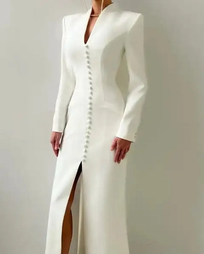 

New Modern White Mermaid Evening Formal Dress V-neck Long Sleeves Buttons Satin Long Prom Pageant Party Gowns Robe De Soriee