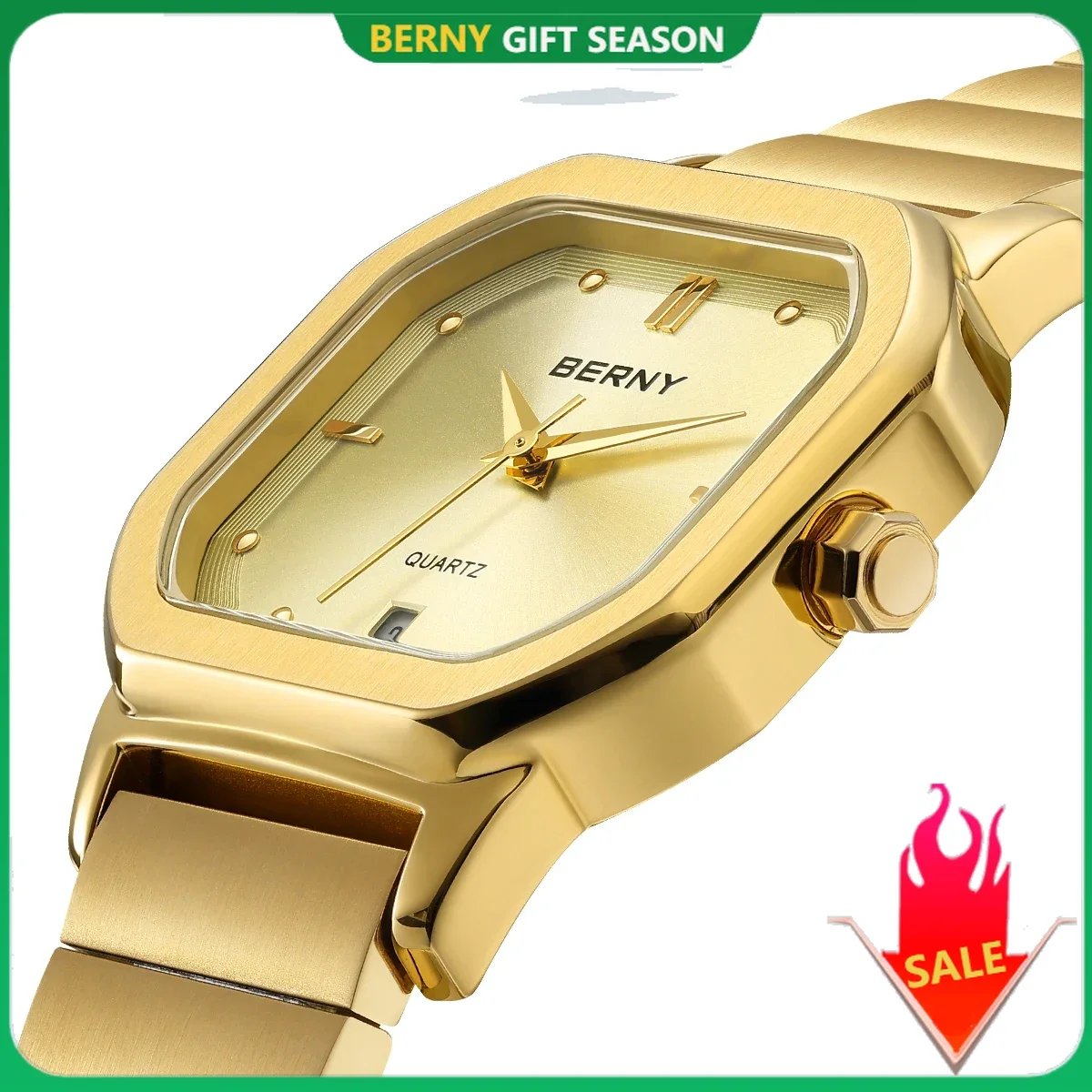 BERNY Watches for Men Golden Full Stainless Steel Gold Square Quartz Man Watch Classic Men\'s Stylish Waterproof Wristwatch