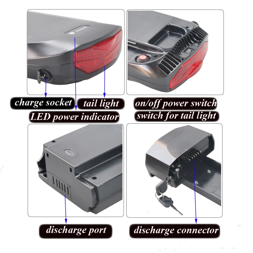 Heckträger-Akku für E-Bikes 36V 7,8Ah 13Ah 48V 10,4Ah Li-Ionen-Akku für Wayscral Everyway Takeaway Beaumont Chatham Rev – Detail 4