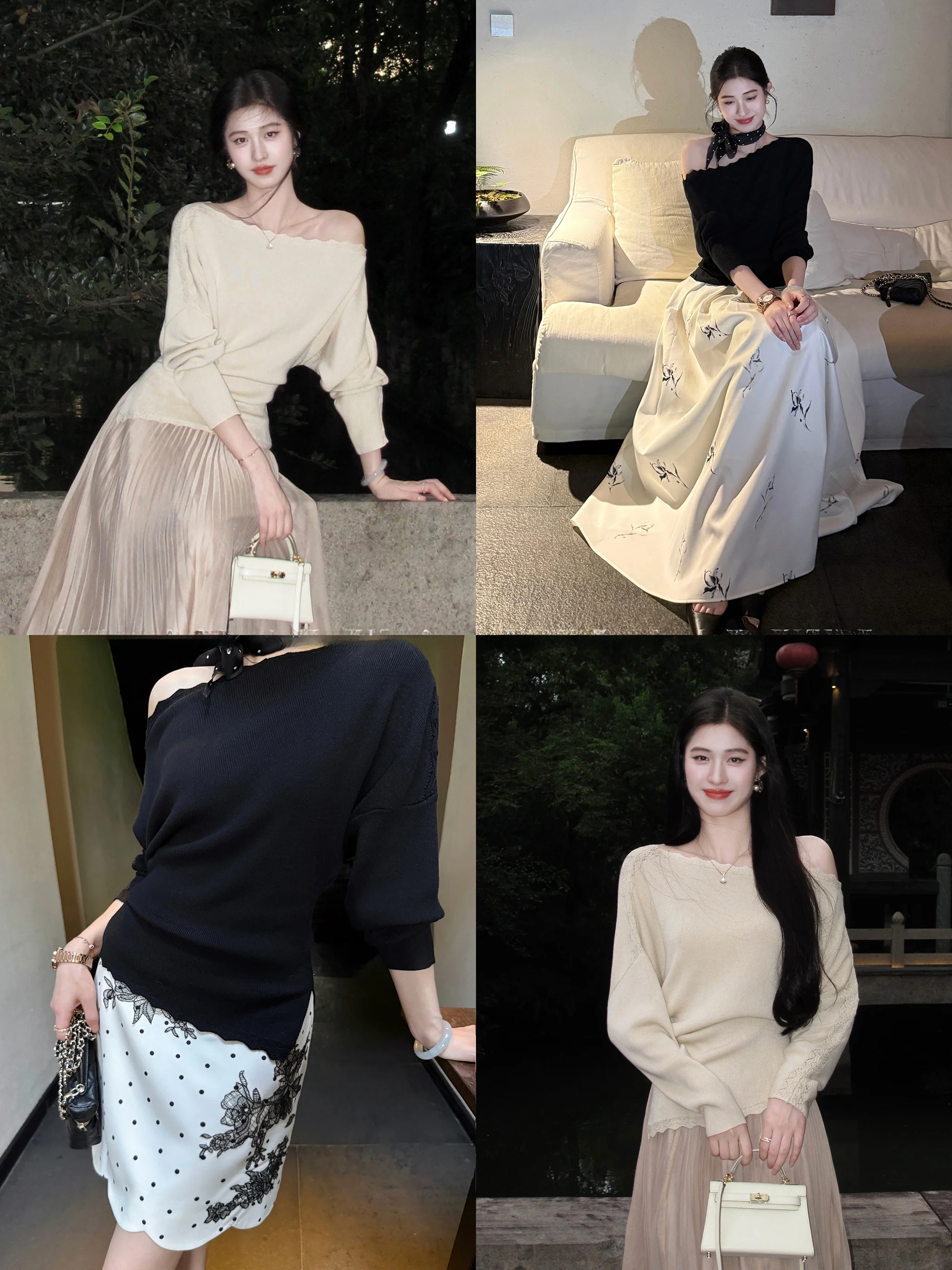  Black Woolen Knitted Top Women Early Autumn Shoulder Bared Slant Collar Base Shirt French Style Slim Fit Long Sleeve
