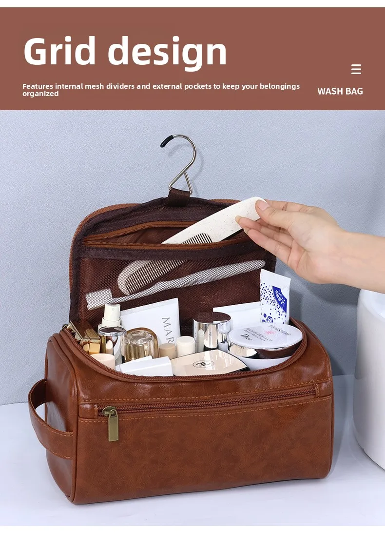 Herren PU Vintage Luxus-Kulturtasche, Reise-Essential, Business-Kosmetiktasche, Make-up-Etui, Herren-Hängeaufbewahrungsorganizer, Waschtaschen – Detail 2