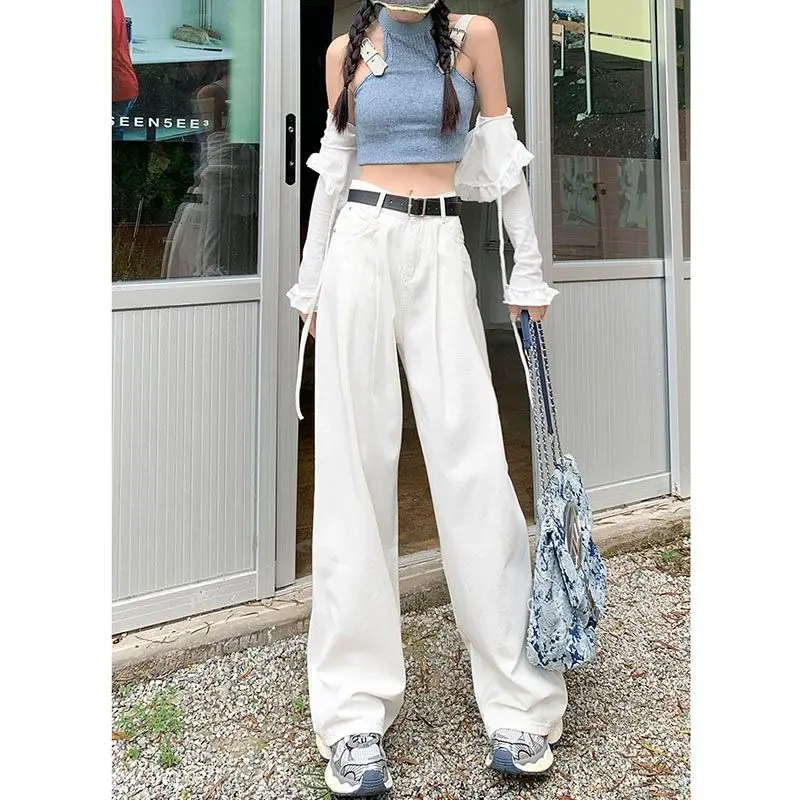 White Wide Legged Women\'s Jeans 2024 Spring/Summer Korean Edition New Slim Fit and Hanging Casual Pants Trend