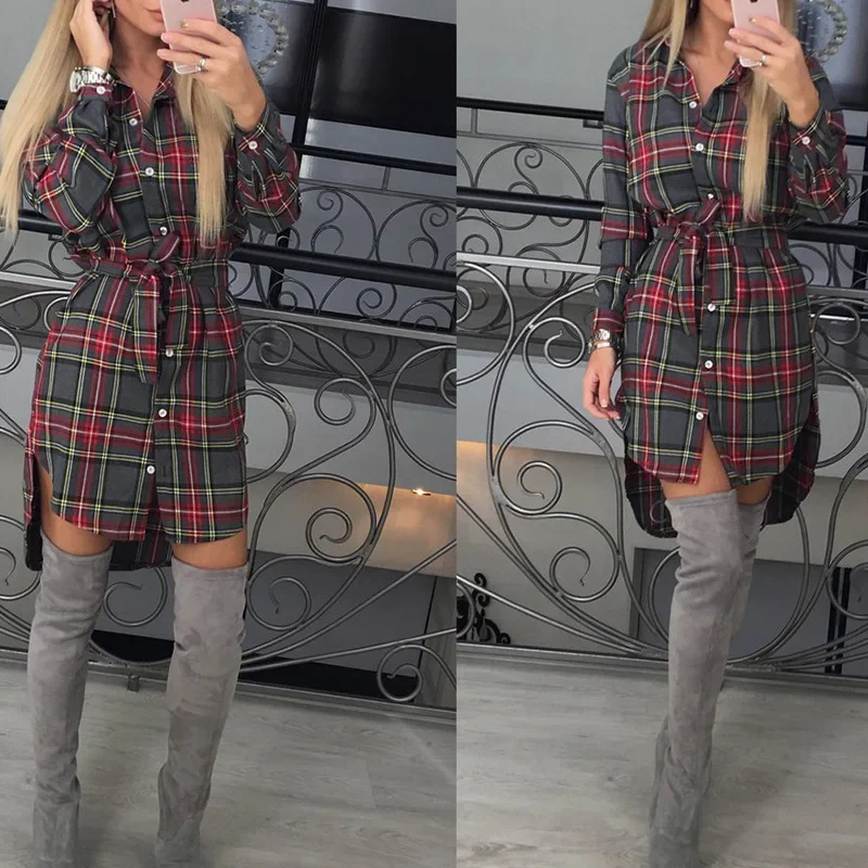 Women Casual Belt Shirt Dress Femme Fashion Long Sleeve Henley Color Block Tee Plaid Tunic Tops Dress Autumn Long Shirts Blouse