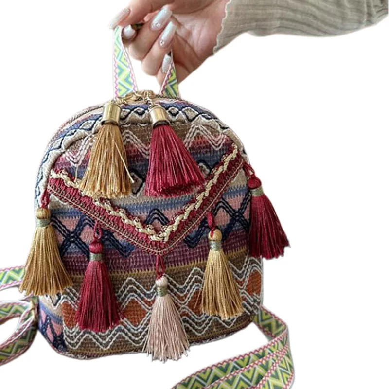 Women Backpack, Trendy Ethnic Style Colorful Woven Tasseled Handbag Large Capacity Bag