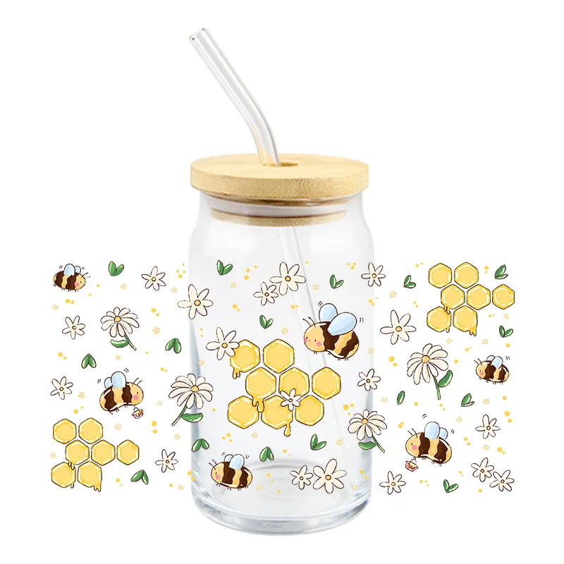 Cute Bumblebee Floral Theme UV DTF 3D Transfer Sticker 16oz Libbey Glass Cup DIY Waterproof Durable Decals Home Decor