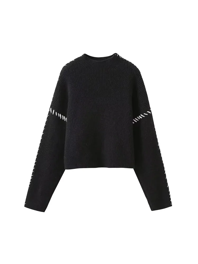 

Sleeve Trims Crop Top 2023 Autumn Winter Female Jumper Streetwear Fashion Knitted Sweater Pullovers For Women Casual O Neck Long