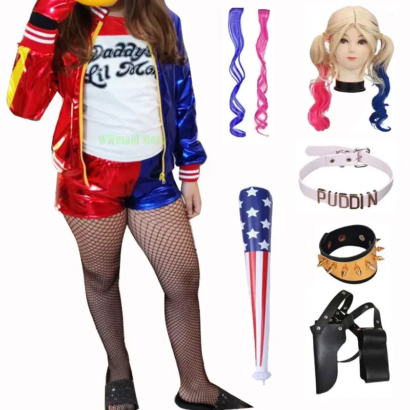 New 2025 Kids Squads Cosplay Girls Quinns Costume Printing Jacket Shirt Pants Gloves Accessory Suicide Quinns Cosplay Hallow *o*