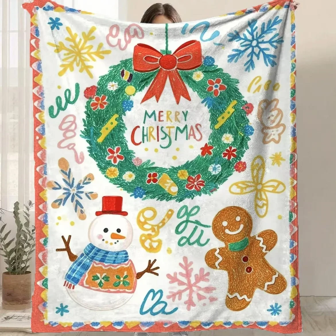 VIKAMA Cream Christmas Tree Snowman Fleece Throw Blanket Cozy Soft Plush Cover for Couch Sofa Bed Christmas Decor Gift