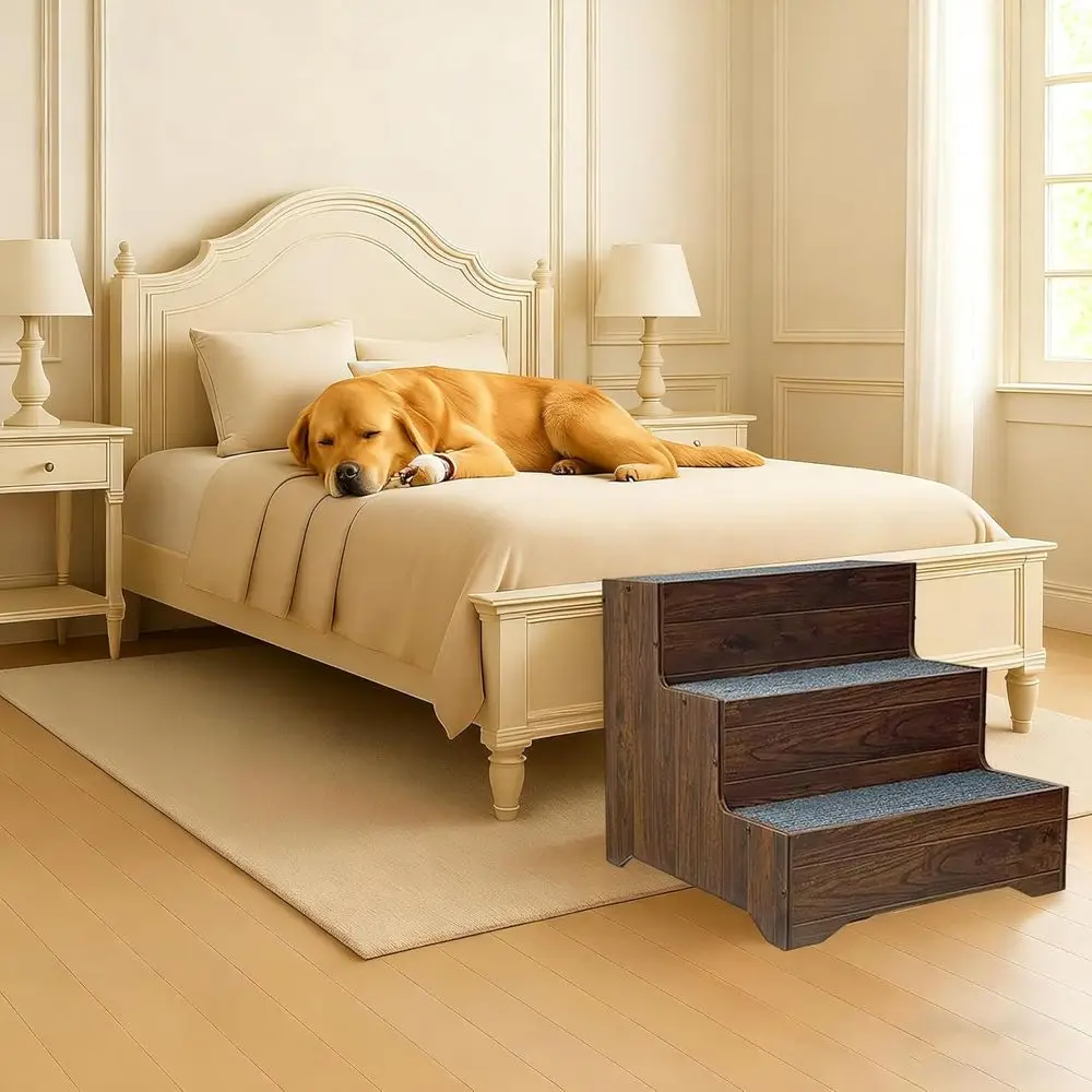 سلالم للكلاب الكبيرة، خطوات خشبية واسعة للحيوانات الأليفة، سلم كلب ثابت غير قابل للانزلاق بثلاث خطوات للسرير العالي والأريكة والأريكة - مقاس صلب مطور