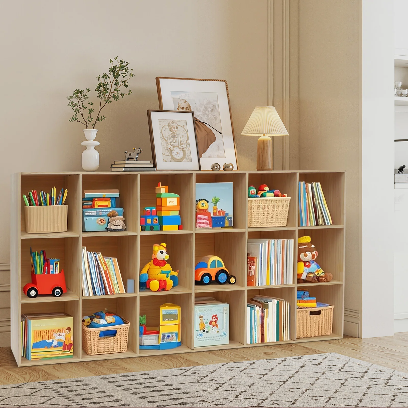 خزانة كتب ذات رف تخزين ملون مكونة من 3 طبقات، خزانة عرض مثبتة على الأرض مع 18 حجرة للمنزل وغرفة المعيشة والمكتب والدراسة